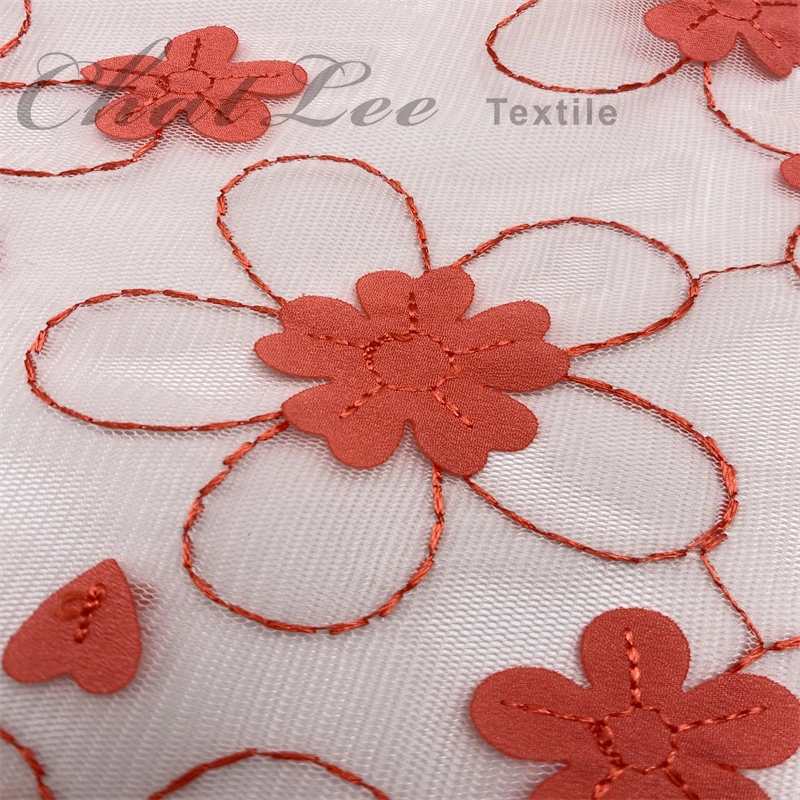 3D Red Plastic Flowers Mesh Embroider Fabric for Garment