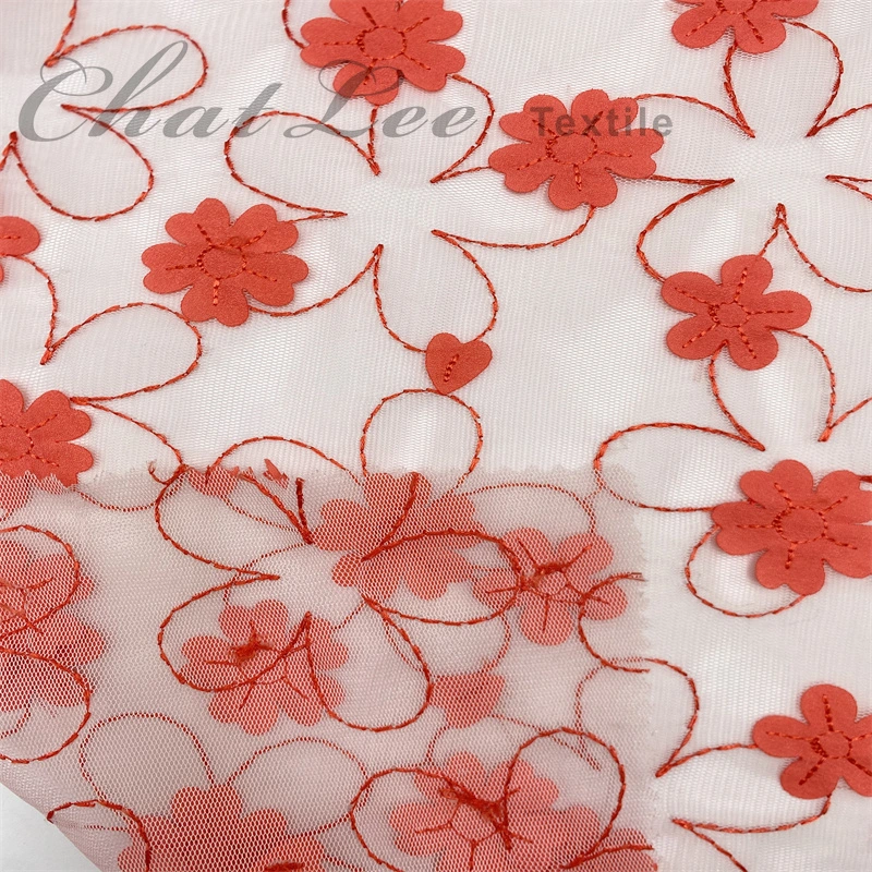 3D Red Plastic Flowers Mesh Embroider Fabric for Garment